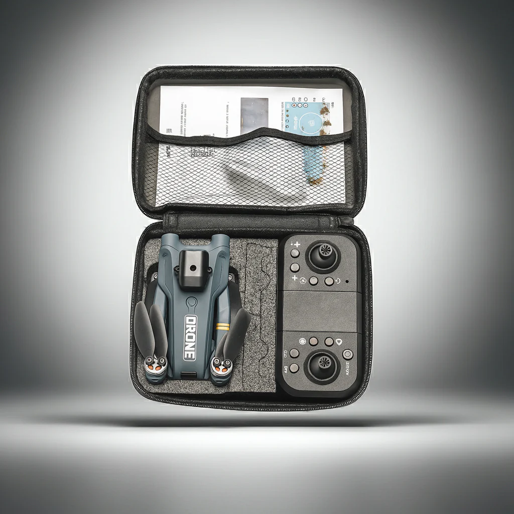 Gray travel case with electronic devices and accessories on a gradient background