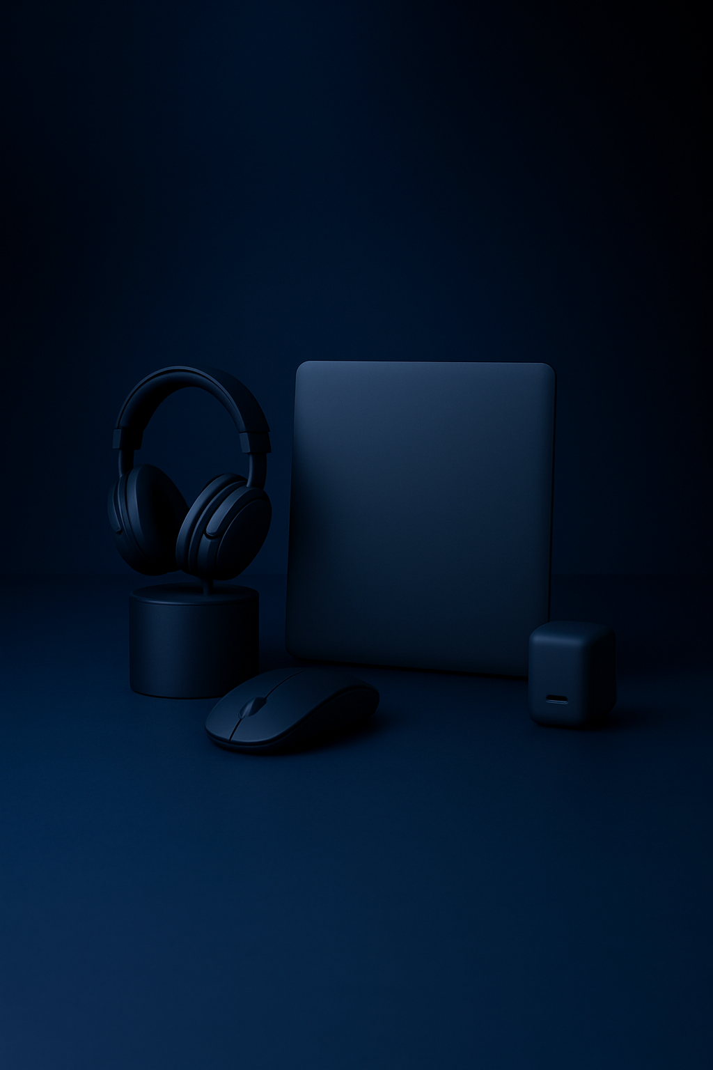 Minimalist product photo of four laptop accessories on a dark blue gradient background.