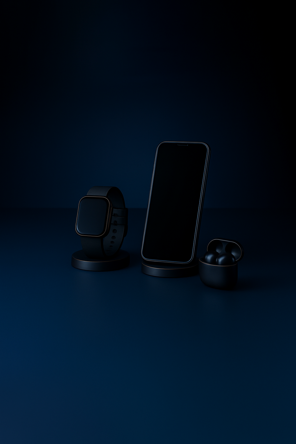 Minimalist product photo of three modern mobile accessories on a dark blue background — a smartwatch on a charging dock, a smartphone on a circular stand, and a pair of wireless earbuds in an open charging case, all highlighted with soft, moody lighting.