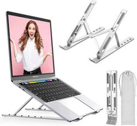 Laptop stand with adjustable height, open laptop displaying a woman on screen, and carrying case.