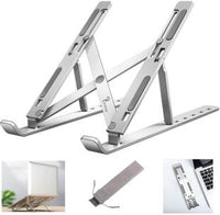 Foldable laptop stand on a white background with additional images of its use.