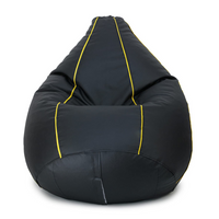 Black bean bag chair with yellow piping on a white background