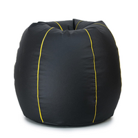 Black bean bag chair with yellow stitching on a white background