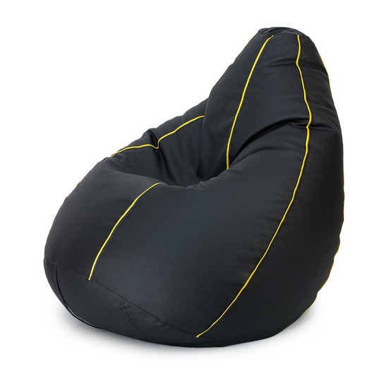 Black bean bag chair with yellow piping on a white background
