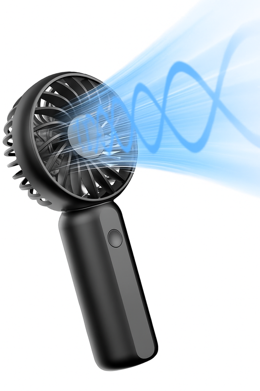 Black handheld fan with blue airflow graphic on a white background