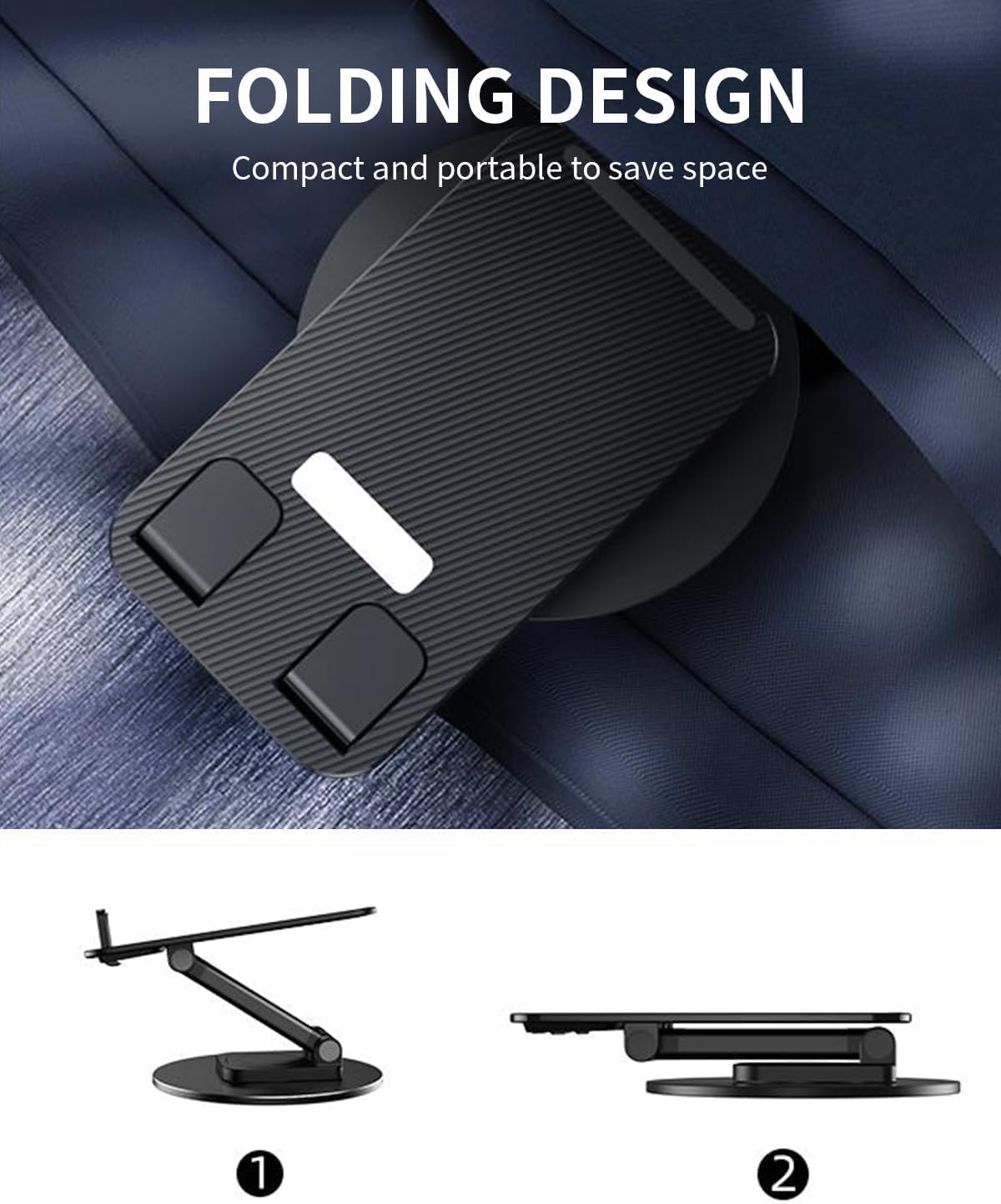 Black phone holder with folding design on a dark background