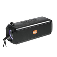Black portable speaker with visible brand logo on a white background