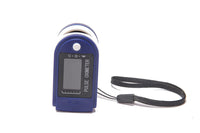 Blue pulse oximeter with a lanyard on a white background