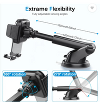 Car phone mount with adjustable arm and suction cup, showing flexibility and rotation capabilities.