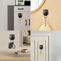 Collage of owl-shaped key holder in various settings