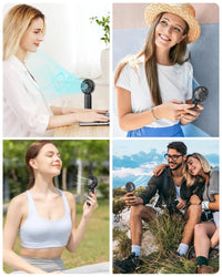Collage of people using a handheld fan in various settings