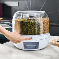 Food dispenser with various types of pulses on a kitchen counter.