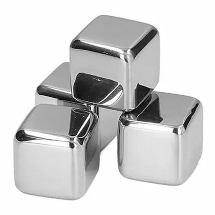 Four shiny silver cubes on a white background