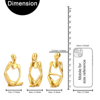 Gold figures with a size reference on a white background