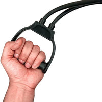 Hand holding a black resistance band against a white background
