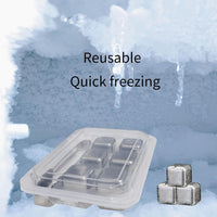 Ice cube tray with frozen ice cubes in a freezer setting, labeled 'Reusable' and 'Quick freezing'.