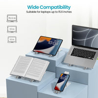 Laptop, tablet, and smartphone on stands with text indicating compatibility for laptops up to 15.6 inches.
