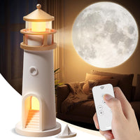 Lighthouse-shaped lamp with remote control in a cozy room with a full moon in the background
