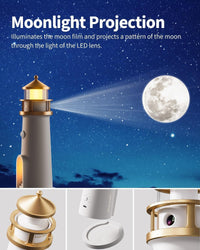 Lighthouse-shaped moonlight projector with moon projection on a starry night sky.
