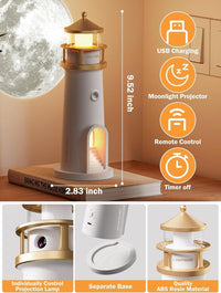 Lighthouse-shaped night light with USB charging, moonlight projector, remote control, and timer features.