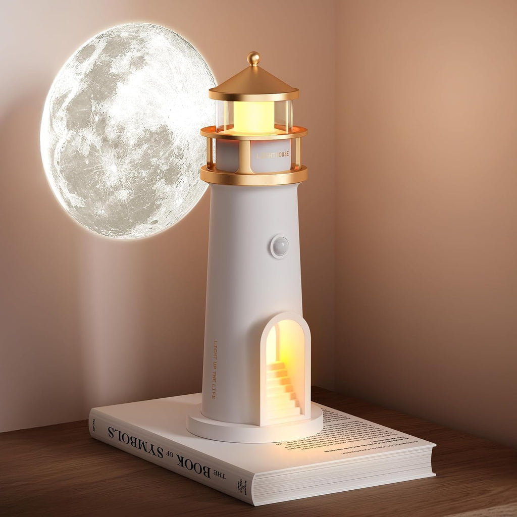 Lighthouse-shaped night light on a book with a moon in the background