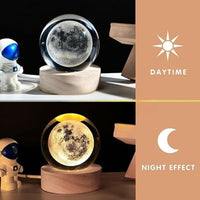 Moon-themed decorative items on a table with a daytime and night effect label.