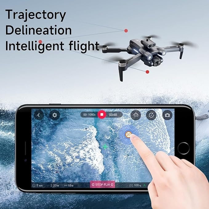 Drone flying above a smartphone displaying a flight app with a hand interacting with the screen.