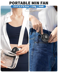 Portable mini fan being held by a person in two different settings.