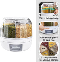 Rotating pulses storage container with compartments for various grains, featuring text on 360-degree design and compartmentalization.