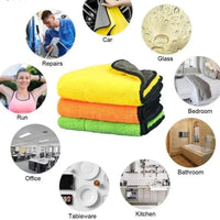 Stack of multicolored microfiber cloths with various application scenarios depicted around them.