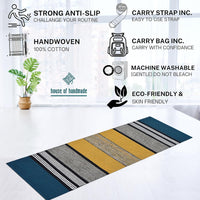 Striped rug with features listed on a white background