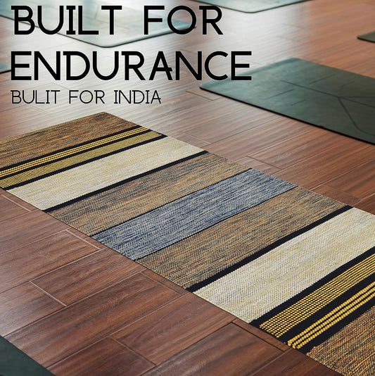 Striped rug on a wooden floor with text 