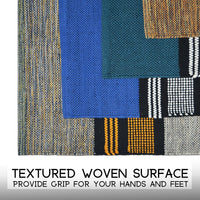 Textured woven surface with geometric pattern and color swatches.