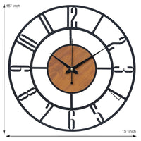 Wall clock with wooden center and black metal frame, showing measurements.