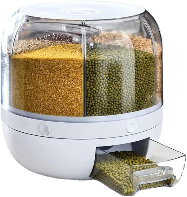 White food dispenser with compartments filled with different types of pet food on a white background