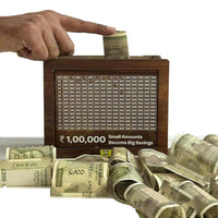 Wooden money box with currency notes spilling out, indicating savings.