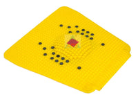 Yellow textured mat with black and red elements on a white background