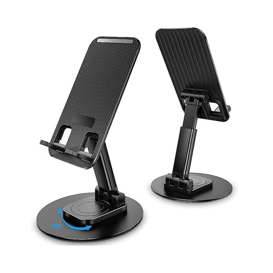 Two black adjustable phone stands on a white background