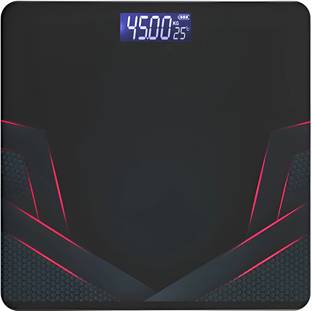 Digital body fat scale with a black and red design on a dark background