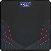 Digital body fat scale with a black and red design on a dark background