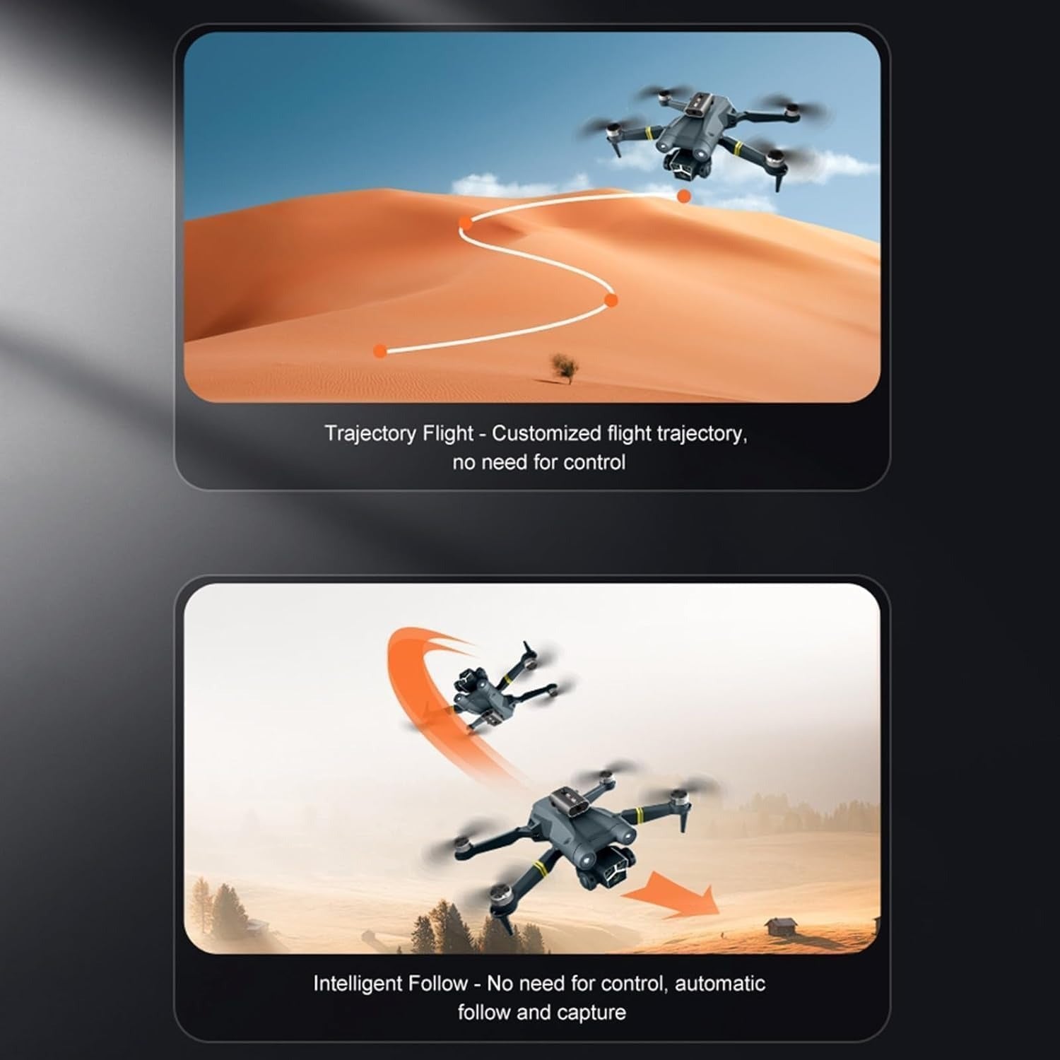 Two images showing drone trajectory flight and intelligent follow feature with a desert landscape background.
