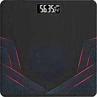 Digital bathroom scale with a black and pink design on a dark background