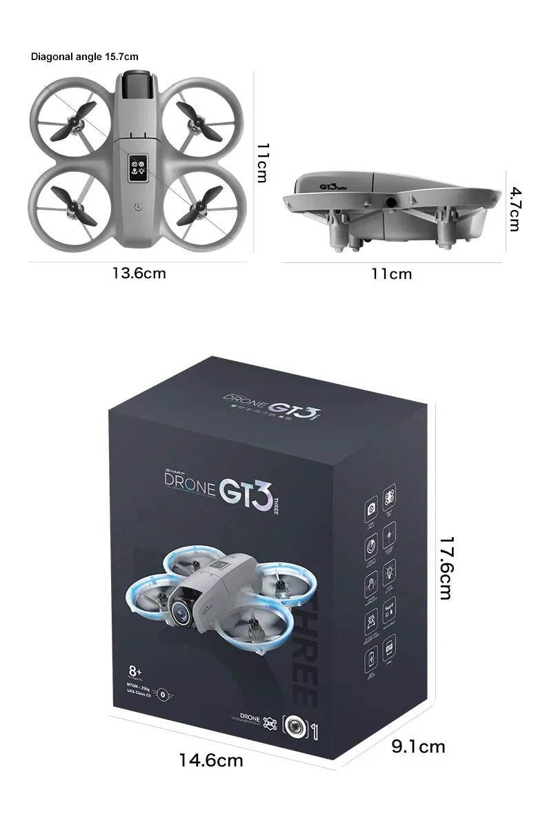 Measurement chart of a drone with its dimensions and packaging dimensions displayed.