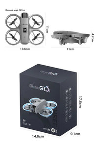 Measurement chart of a drone with its dimensions and packaging dimensions displayed.