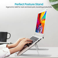 Person using a laptop on a perfect posture stand with text about ergonomic relief and productivity.