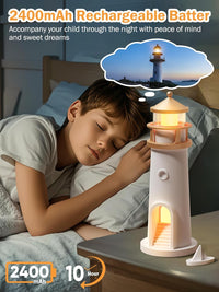 Child sleeping with a lighthouse-shaped night light on a bedside table, accompanied by text about a 2400mAh rechargeable battery.