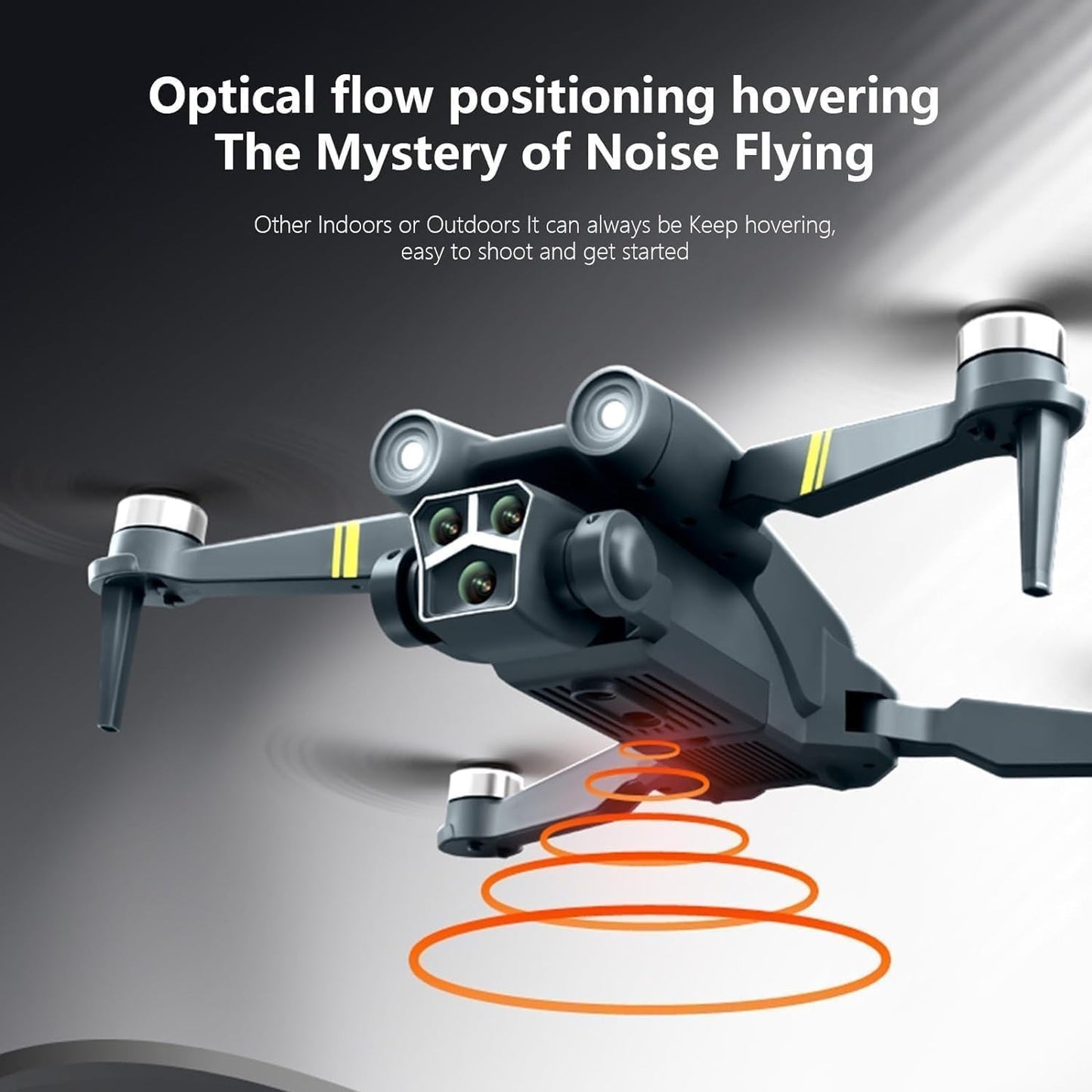 Drone with text about optical flow positioning and noise flying on a dark background
