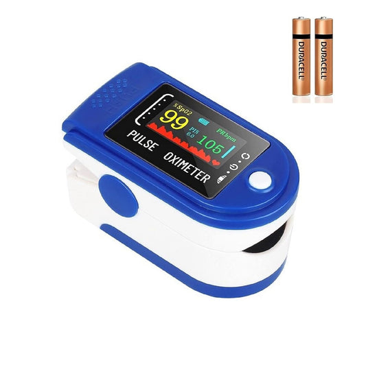 Finger pulse oximeter with batteries on a white background