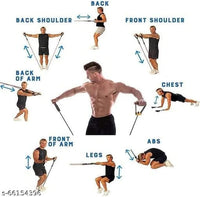 Illustration of a man performing various exercises with resistance bands, labeled for different muscle groups.