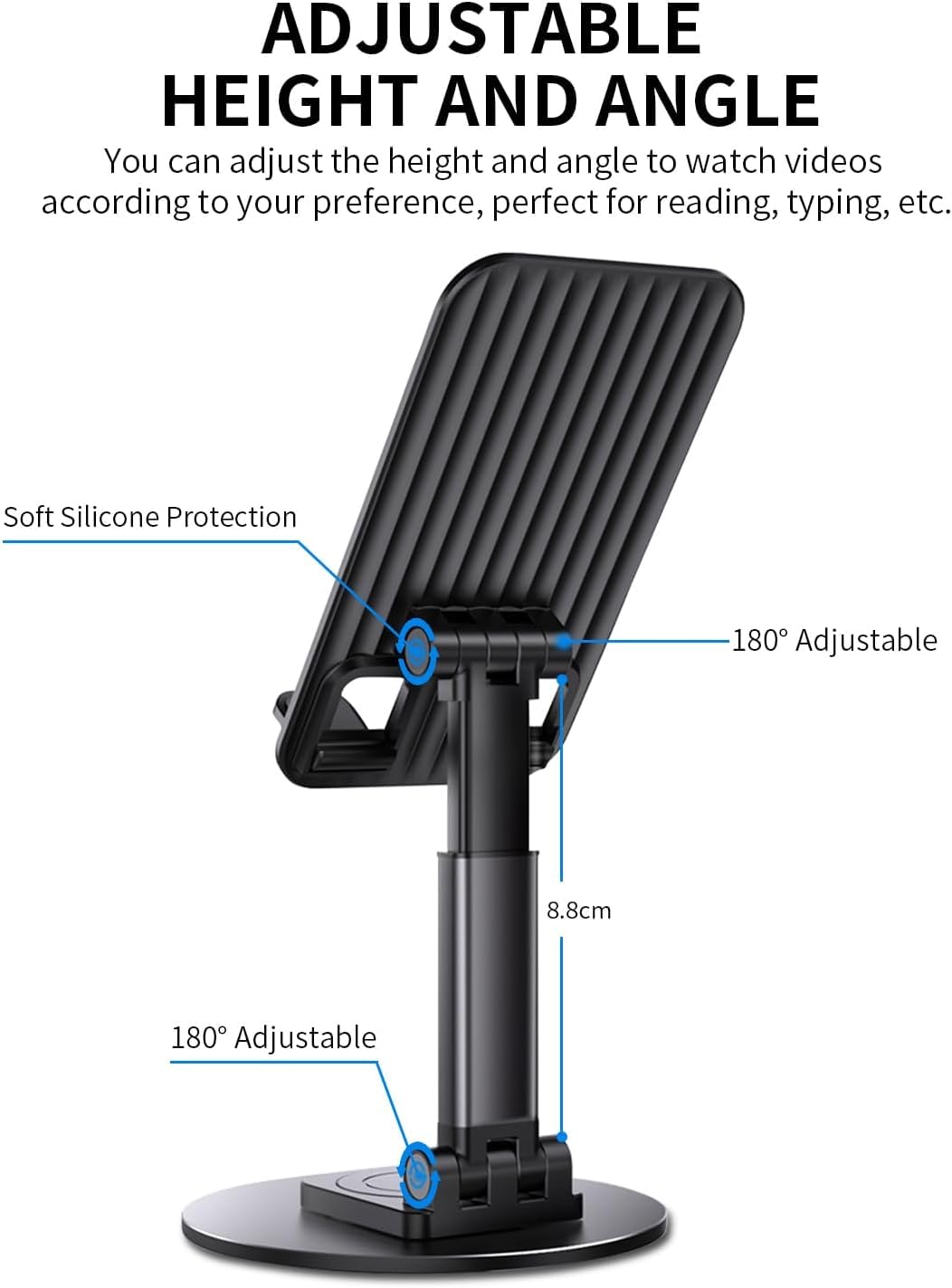 Adjustable phone stand with height and angle adjustment features on a white background